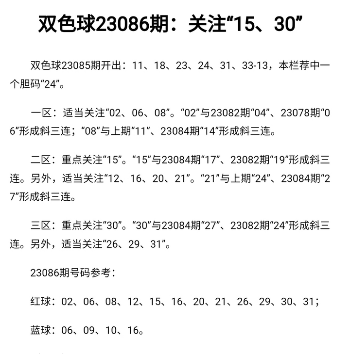 双色球第2023086期必须中一等大奖综合分析推荐