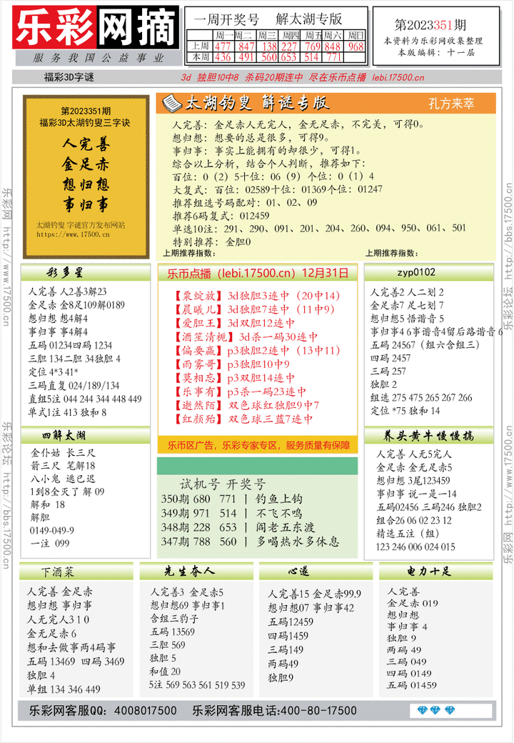 福彩3D第2023351期★字谜总汇★预测版★解太湖