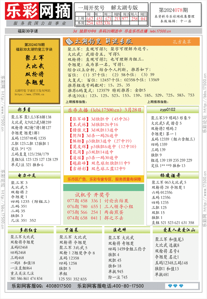 福彩3D第2024078期★字谜总汇★预测版★解太湖