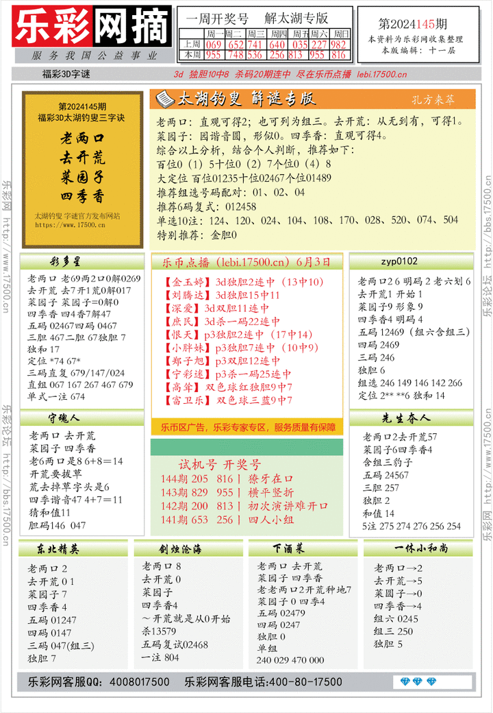 福彩3D第2024145期★字谜总汇★预测版★解太湖