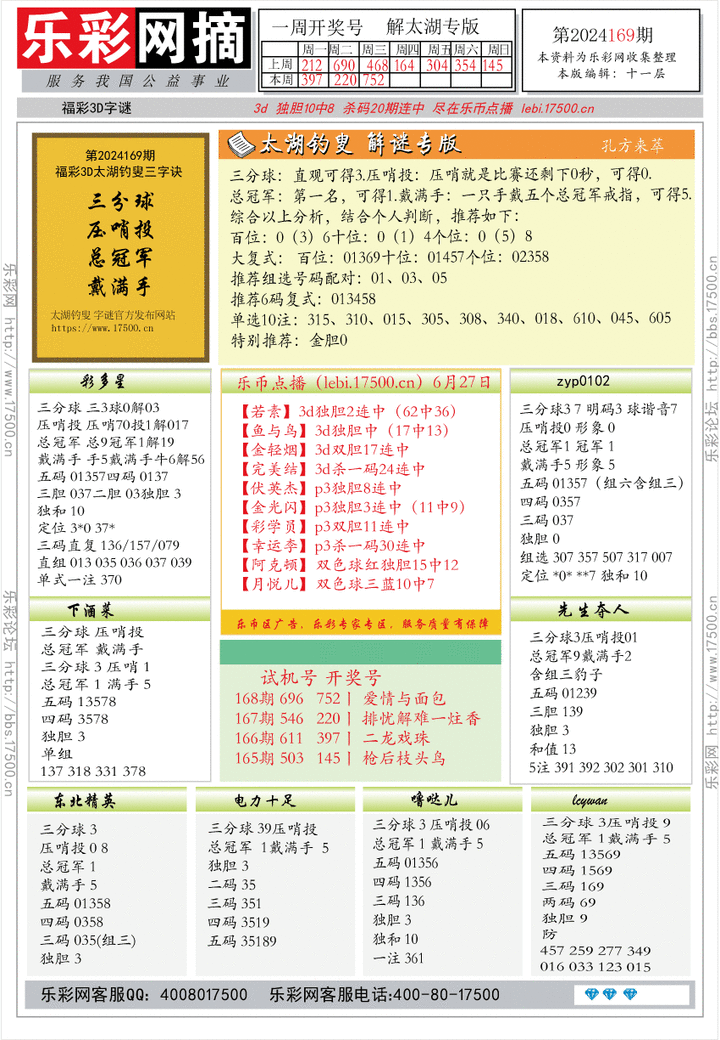 福彩3D第2024169期★字谜总汇★预测版★解太湖