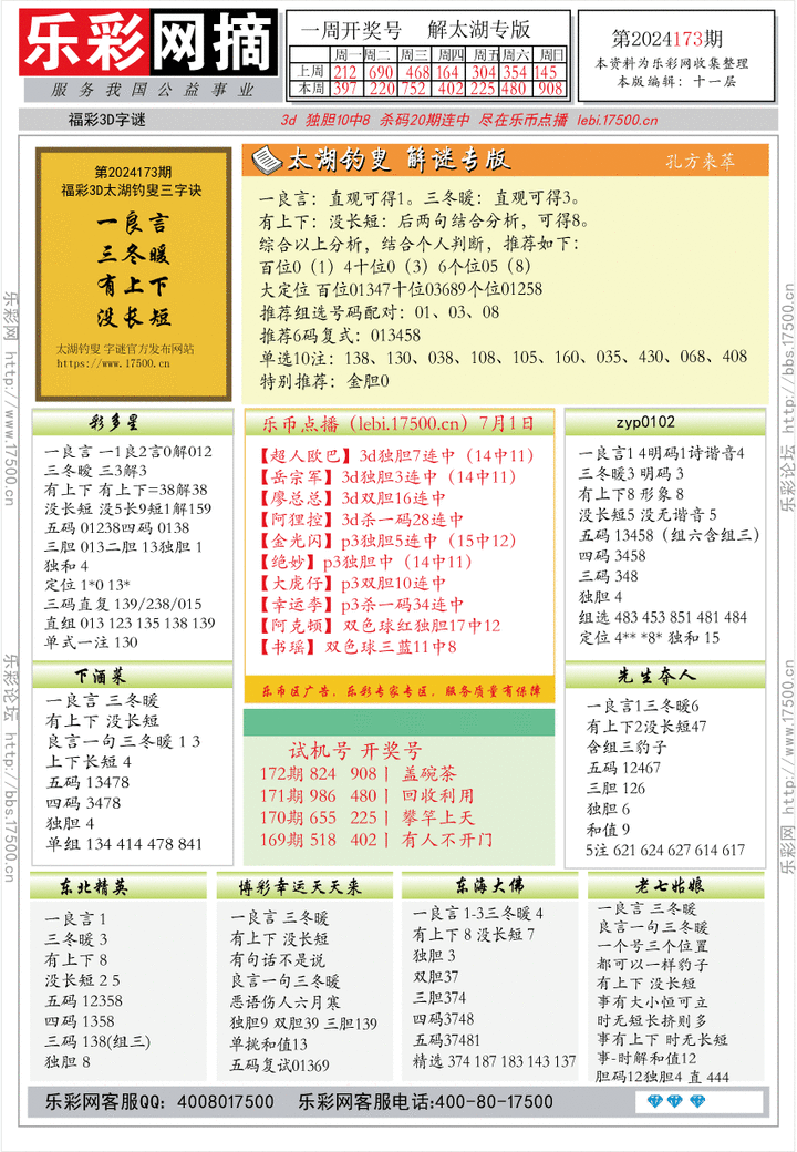福彩3D第2024173期★字谜总汇★预测版★解太湖