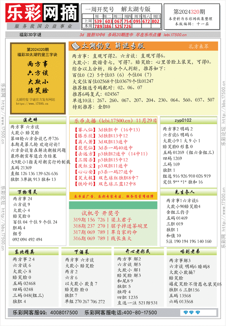 福彩3D第2024320期★字谜总汇★解太湖★预测