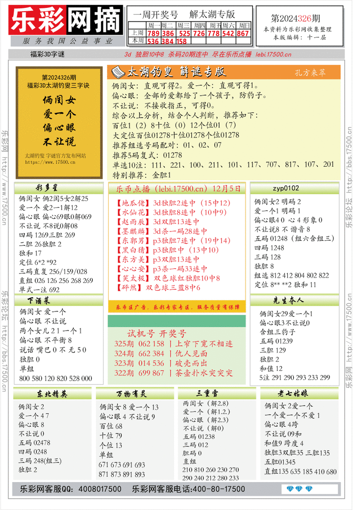 福彩3D第2024326期★字谜总汇★解太湖★预测