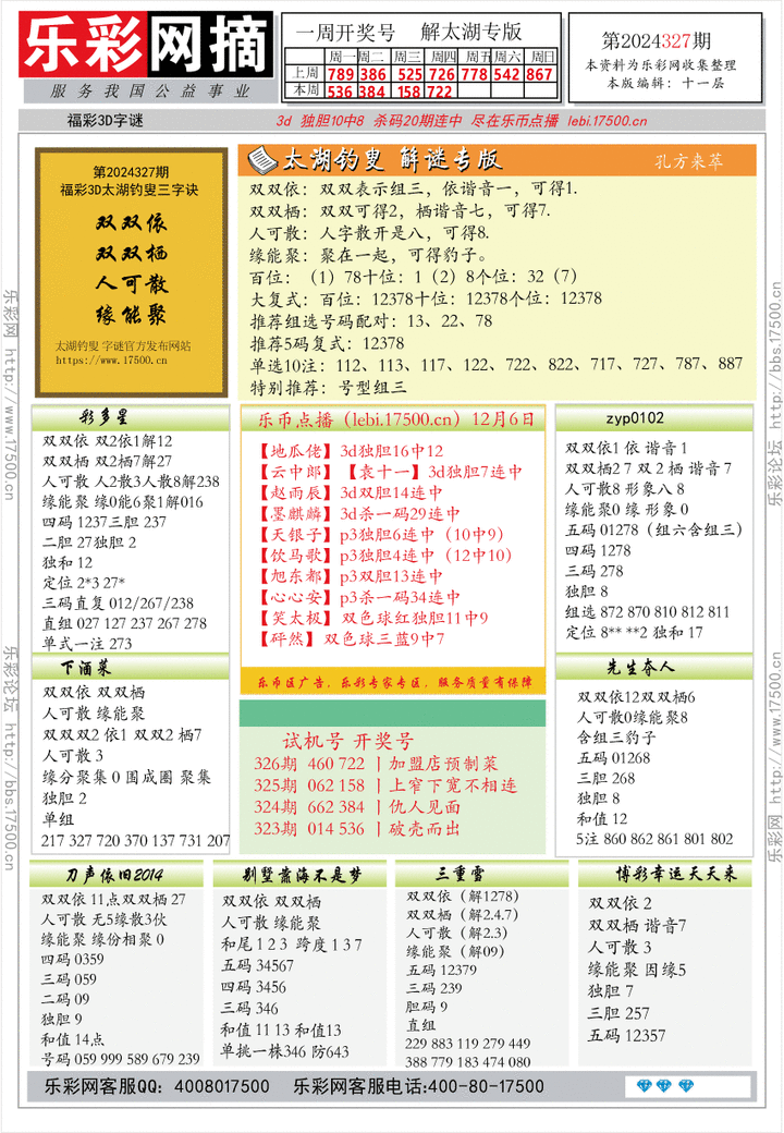 福彩3D第2024327期★字谜总汇★解太湖★预测