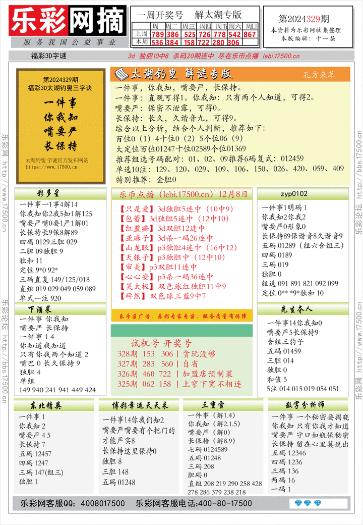 福彩3D第2024329期★字谜总汇★解太湖★预测