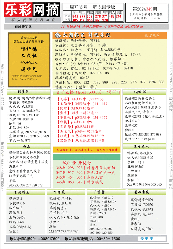 福彩3D第2024349期★字谜总汇★预测★解太湖