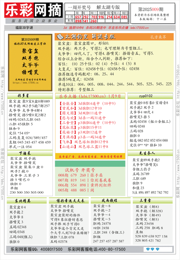 福彩3D第2025009期★字谜总汇★解太湖★预测