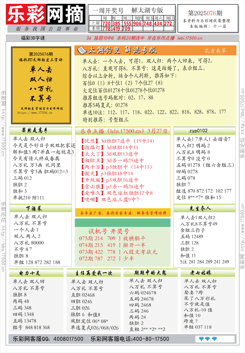 福彩3D第2025076期★字谜总汇★预测★解太湖