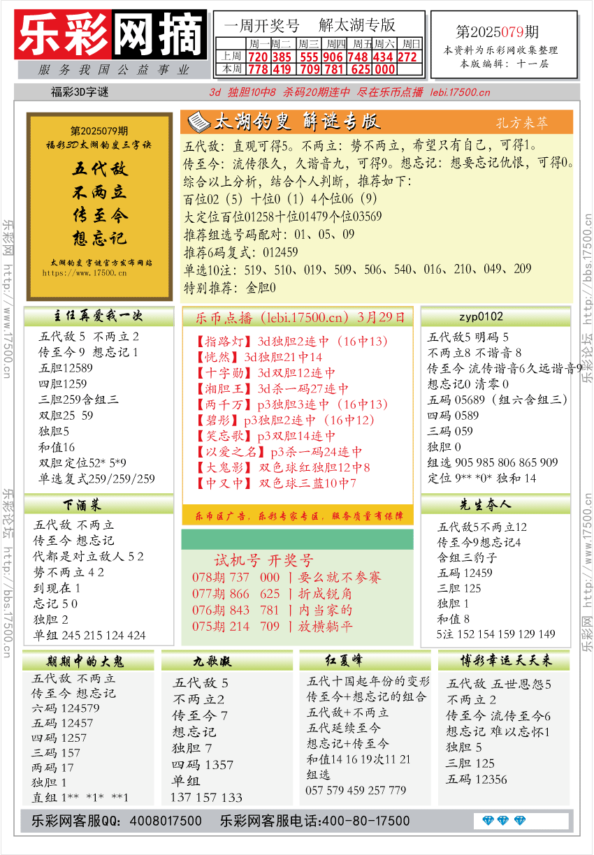 福彩3D第2025079期★字谜总汇★预测★解太湖