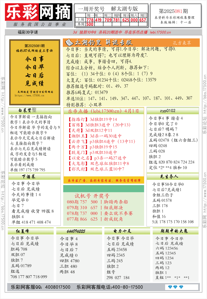 福彩3D第2025081期★字谜总汇★预测★解太湖