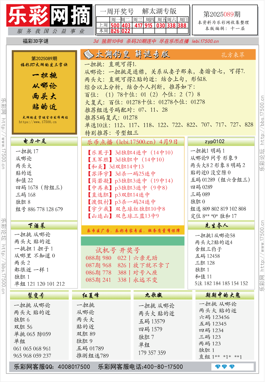 福彩3D第2025089期★字谜总汇★预测★解太湖