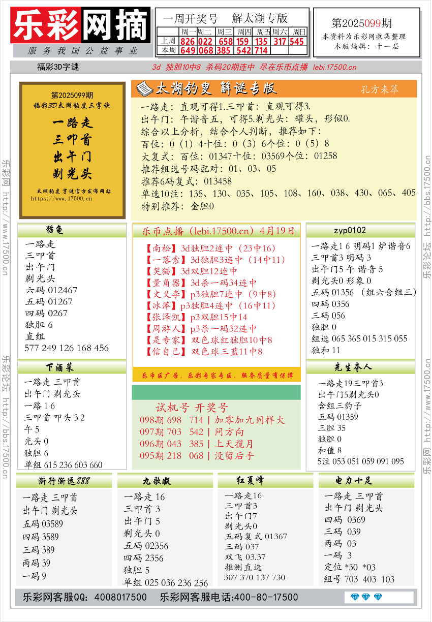 福彩3D第2025099期★字谜总汇★预测★解太湖