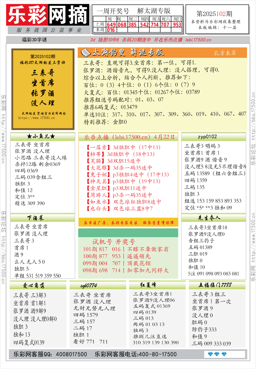 福彩3D第2025102期★字谜总汇★预测★解太湖