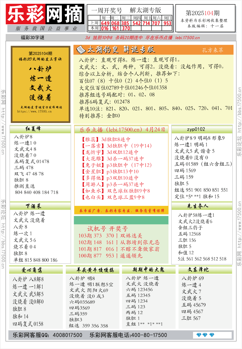 福彩3D第2025104期★字谜总汇★预测★解太湖