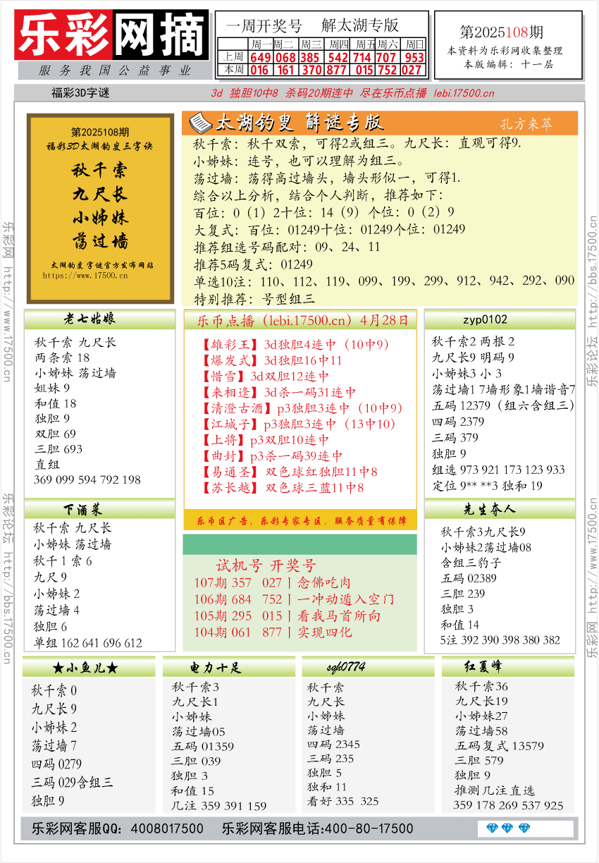 福彩3D第2025108期★字谜总汇★预测★解太湖