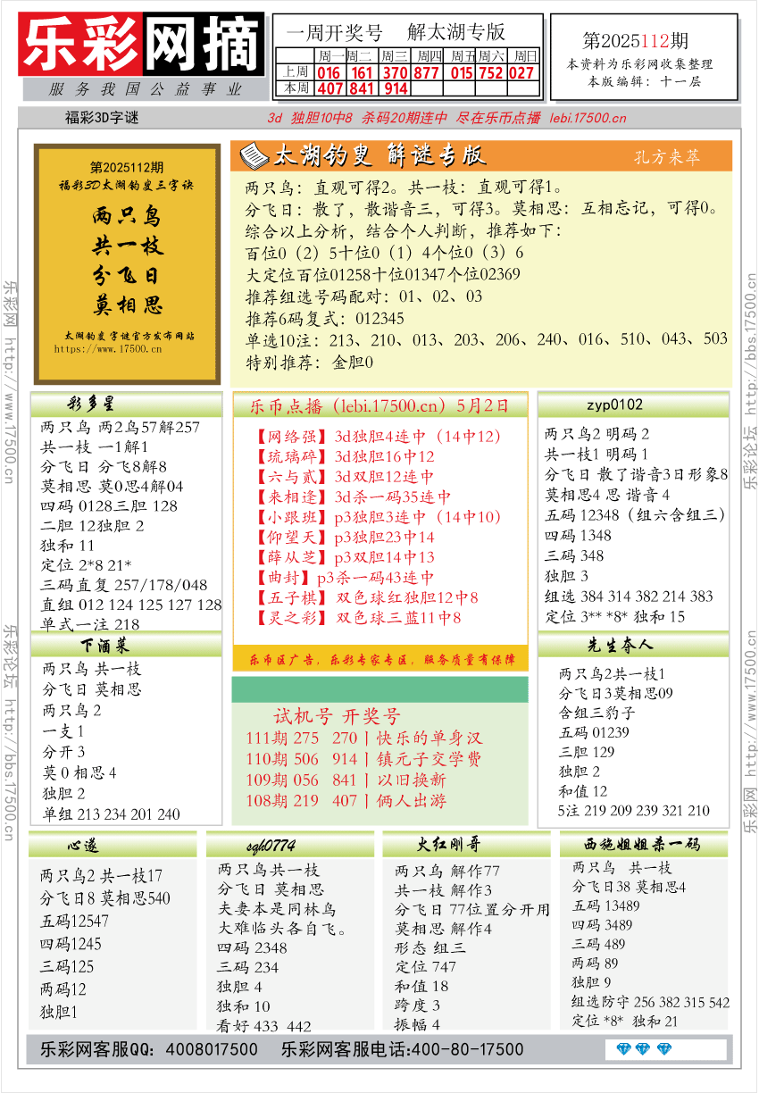 福彩3D第2025112期★字谜总汇★解太湖★预测