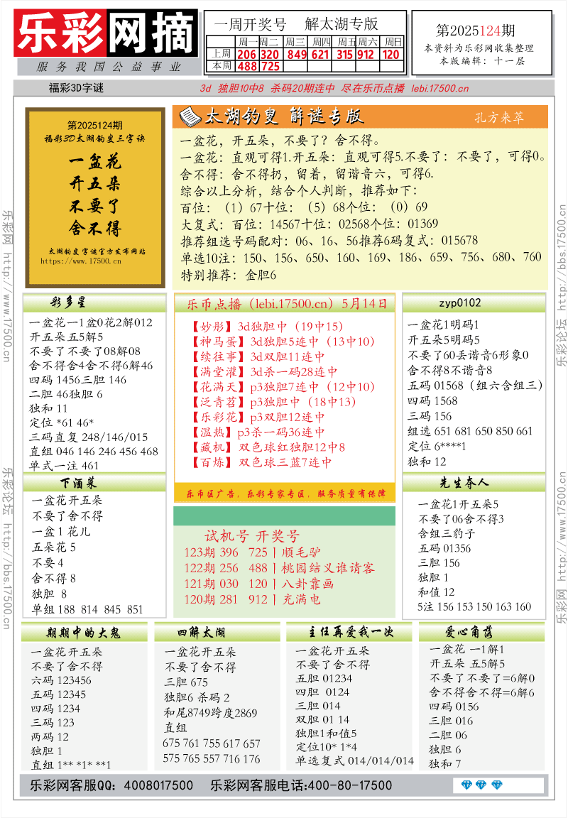 福彩3D第2025124期★字谜总汇★解太湖★预测