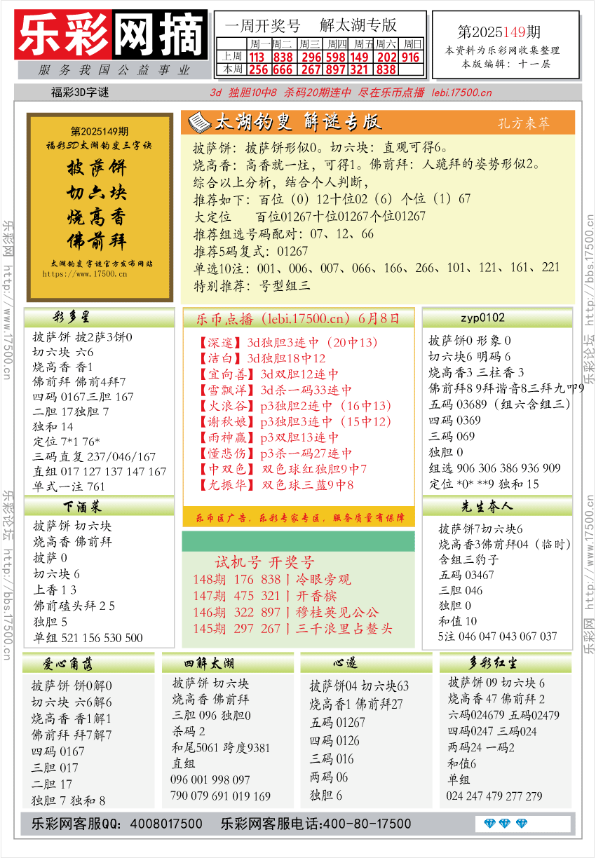 福彩3D第2025149期★字谜总汇★预测★解太湖