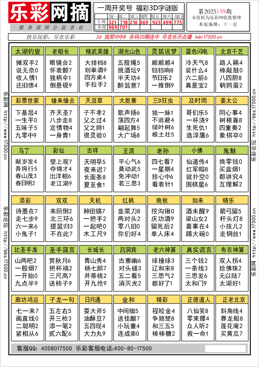 福彩3D第2025159期★字谜总汇★预测★解太湖