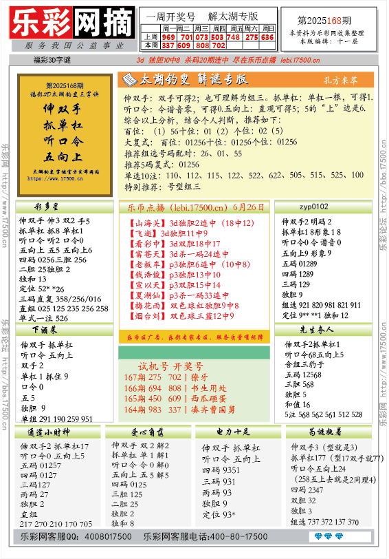 福彩3D第2025168期★字谜总汇★预测★解太湖