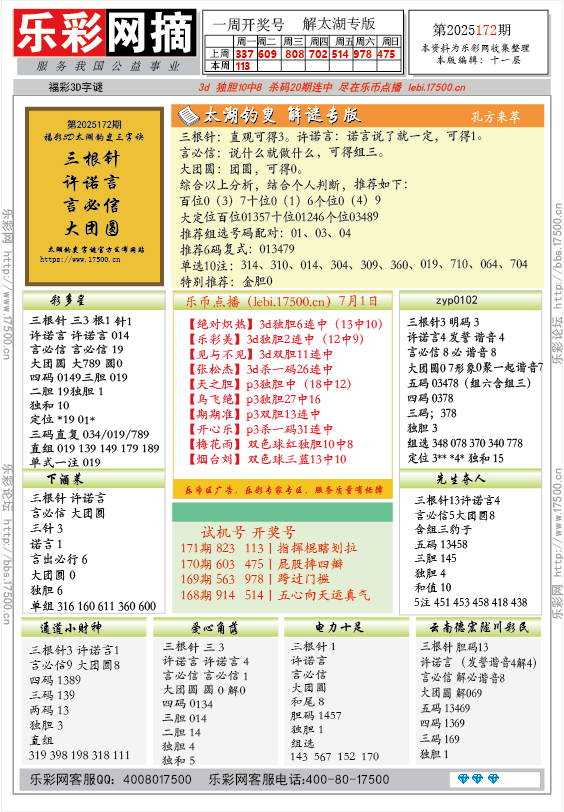 福彩3D第2025172期★字谜总汇★预测★解太湖