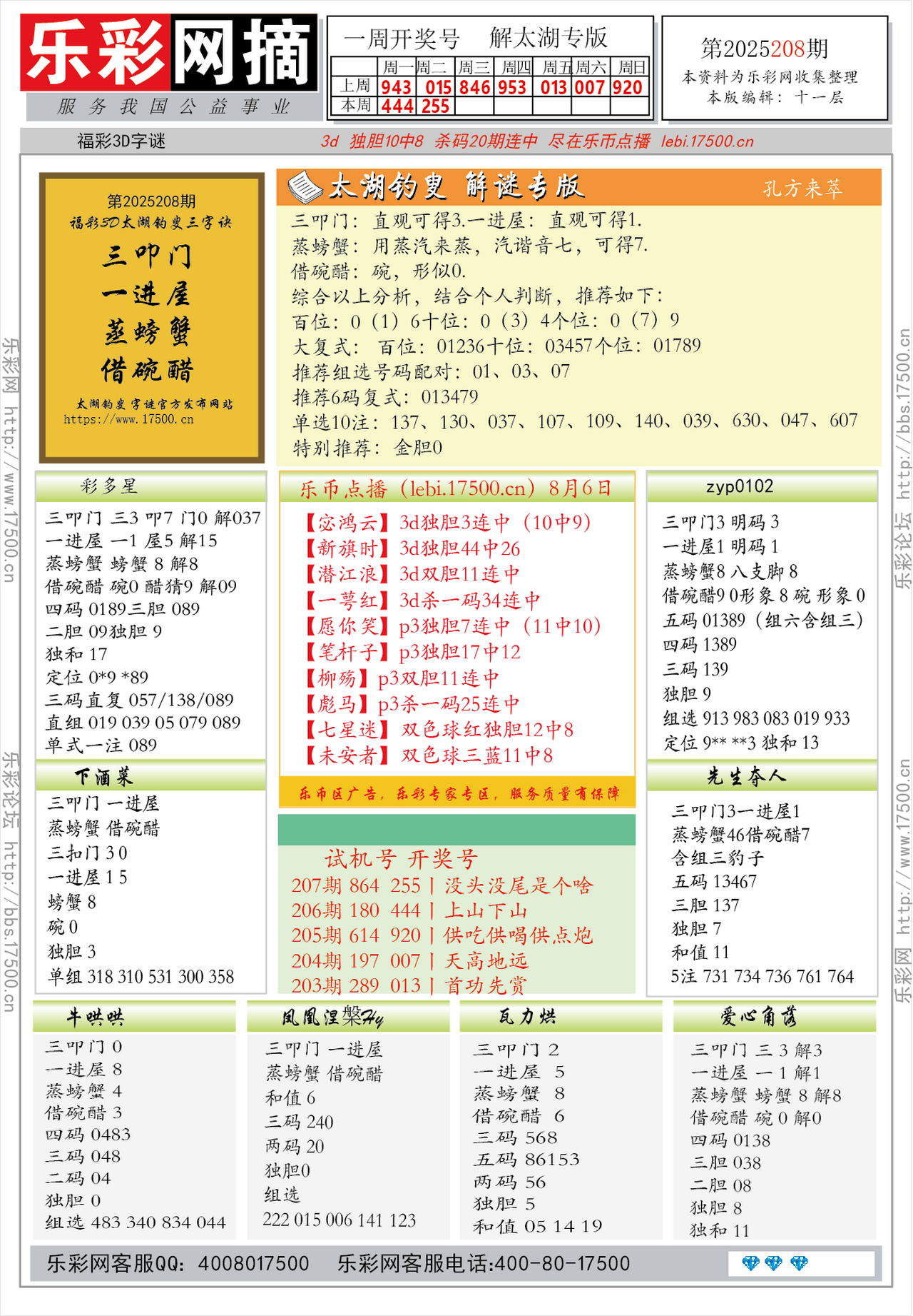 福彩3D第2025208期★字谜总汇★预测★解太湖