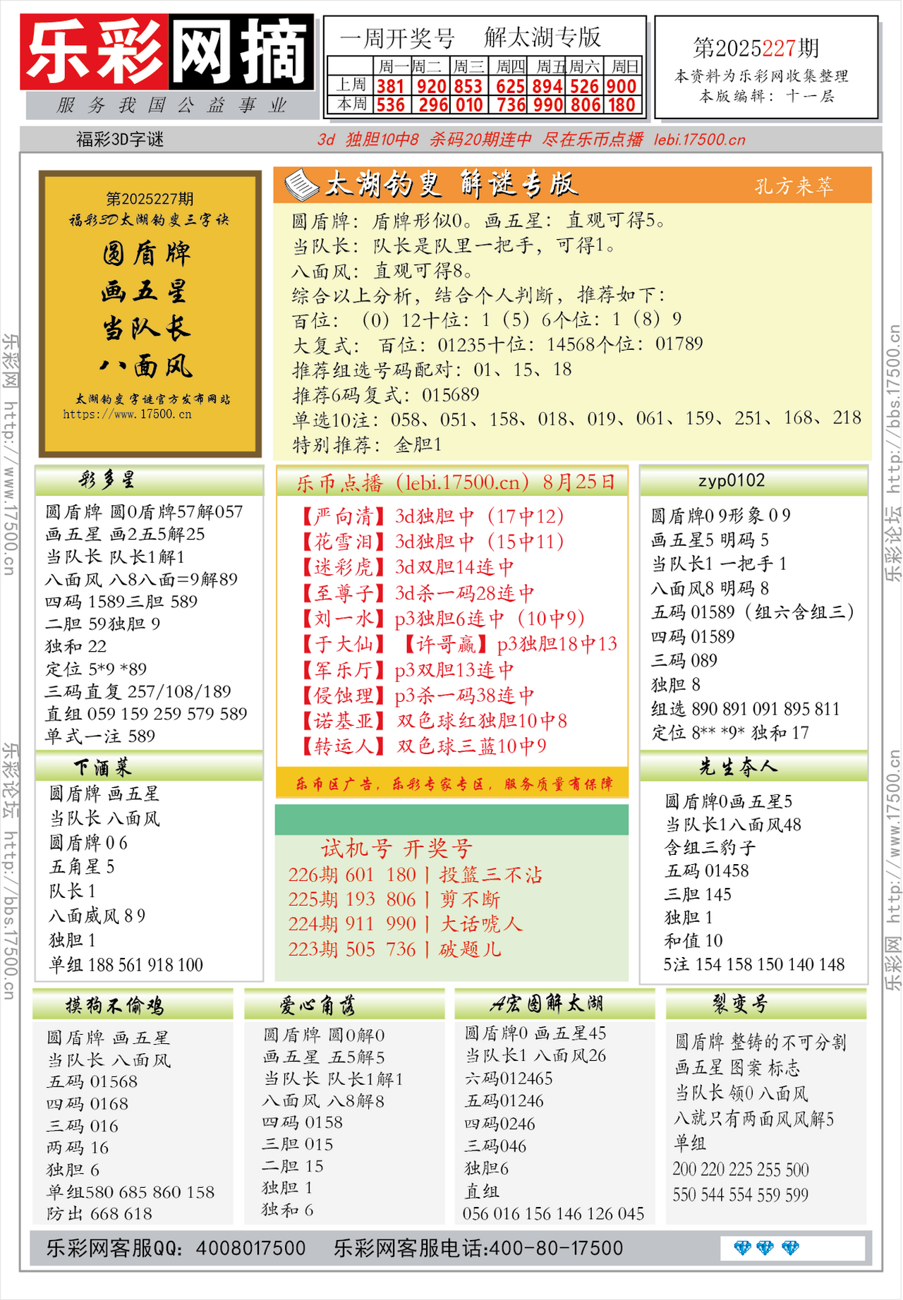 福彩3D第2025227期★字谜总汇★预测★解太湖