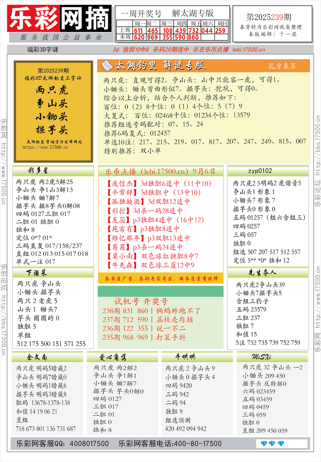 福彩3D第2025239期★字谜总汇★预测★解太湖