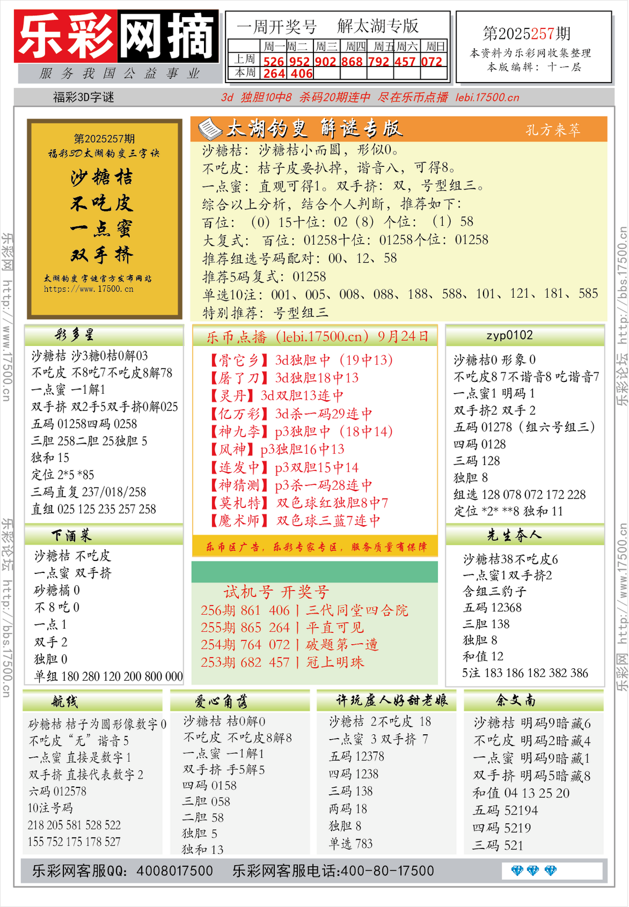 福彩3D第2025257期★字谜总汇★预测★解太湖