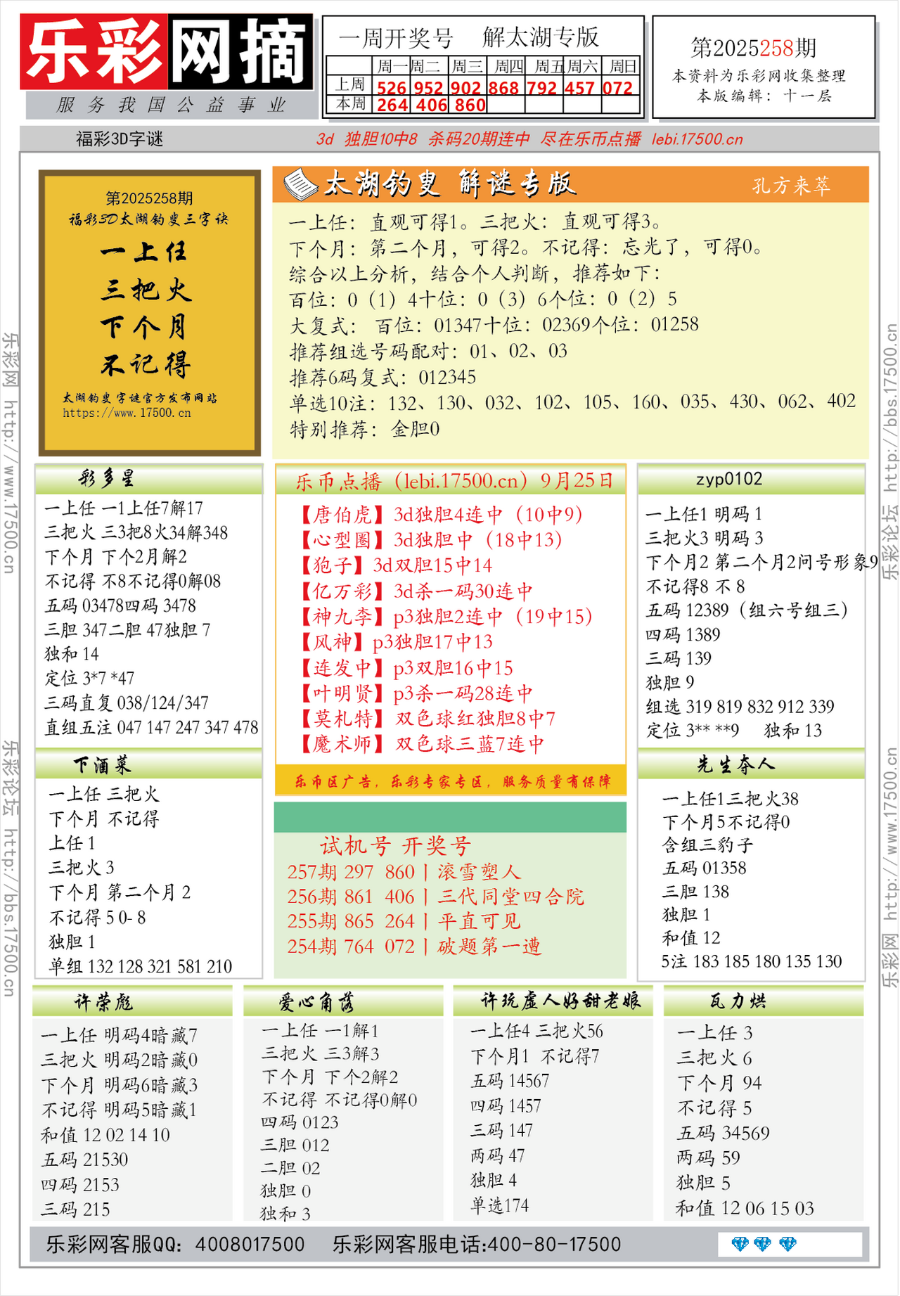 福彩3D第2025258期★字谜总汇★预测★解太湖