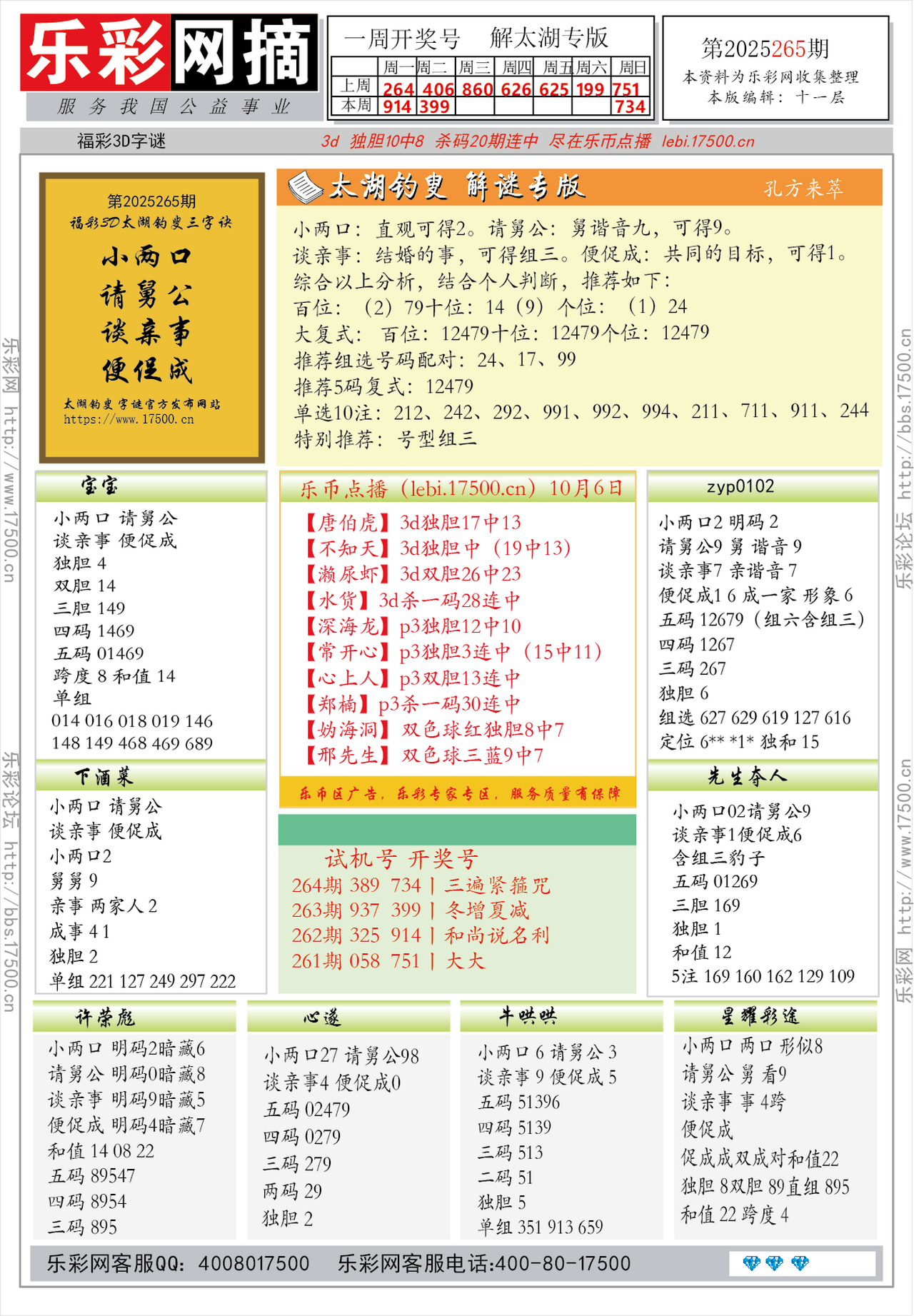 福彩3D第2025265期★字谜总汇★预测★解太湖