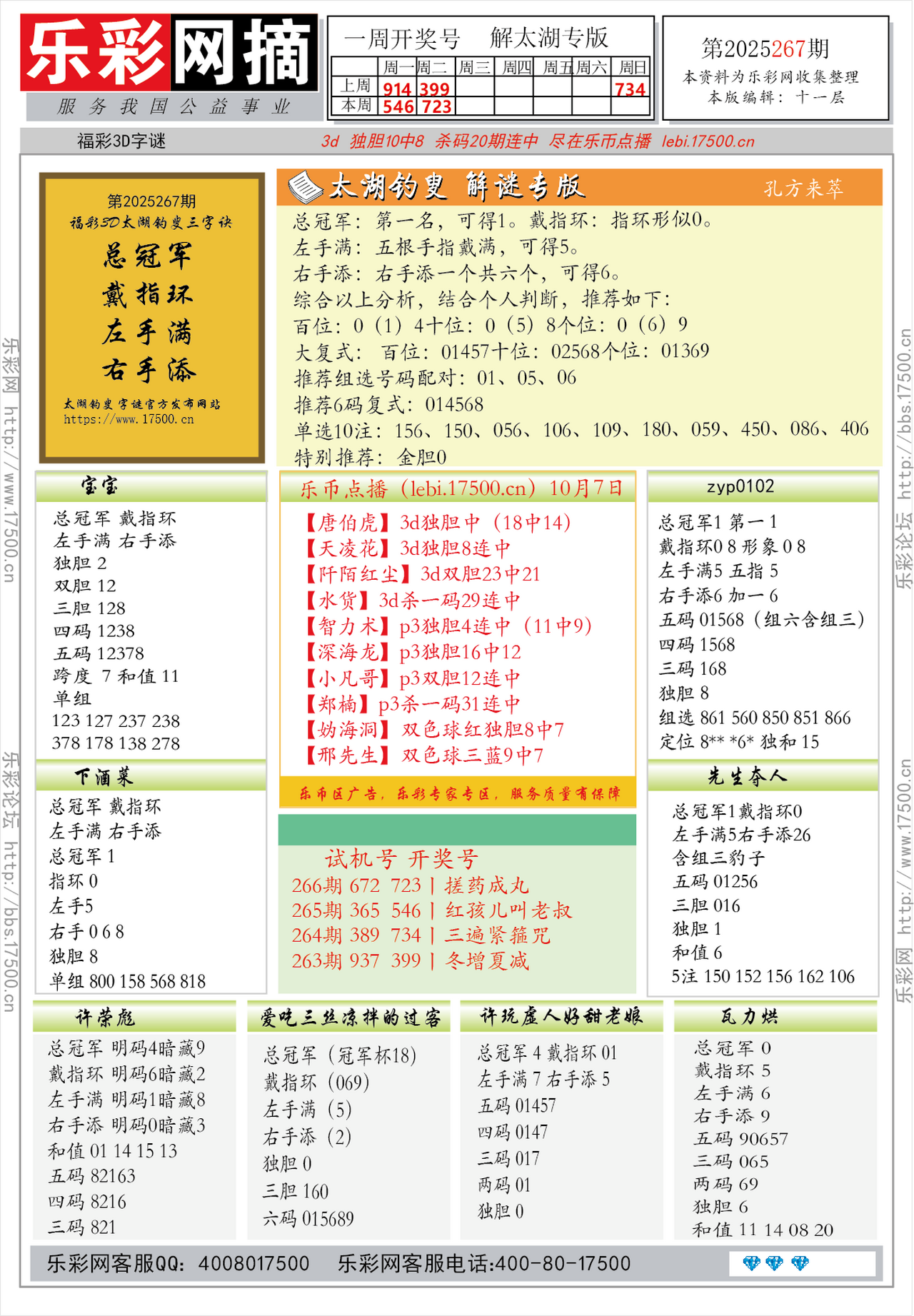 福彩3D第2025267期★字谜总汇★预测★解太湖