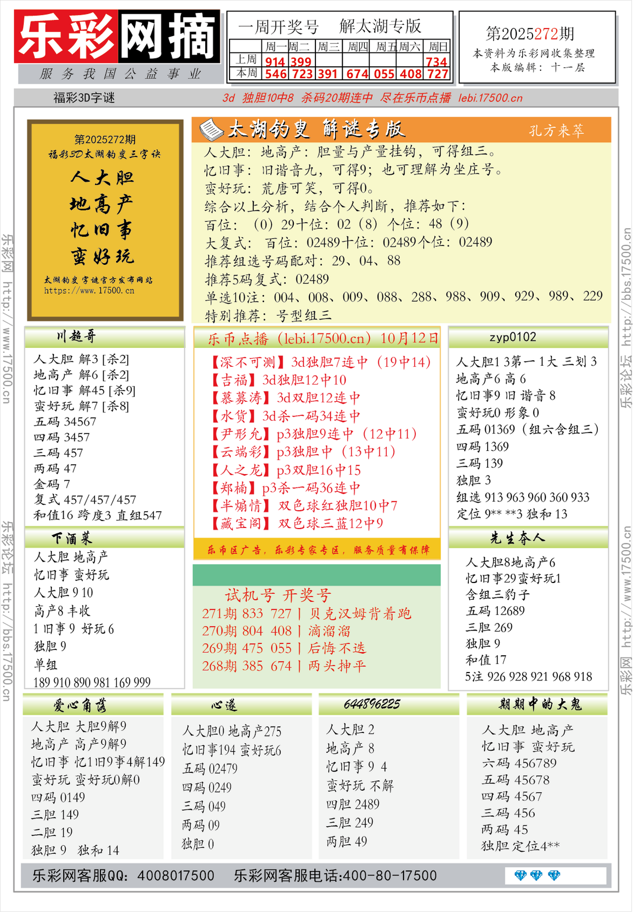 福彩3D第2025272期★字谜总汇★预测★解太湖