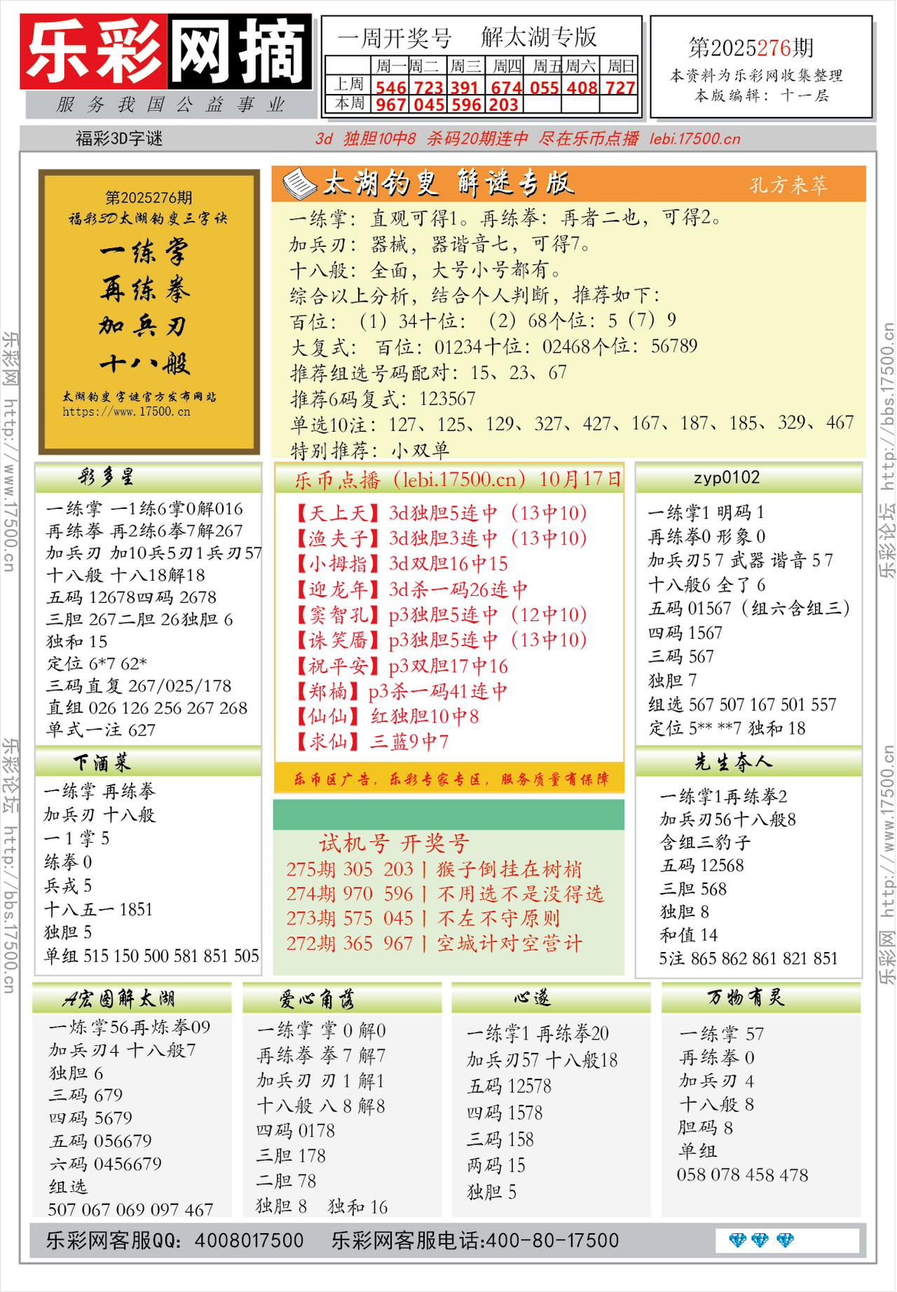 福彩3D第2025276期★字谜总汇★预测★解太湖