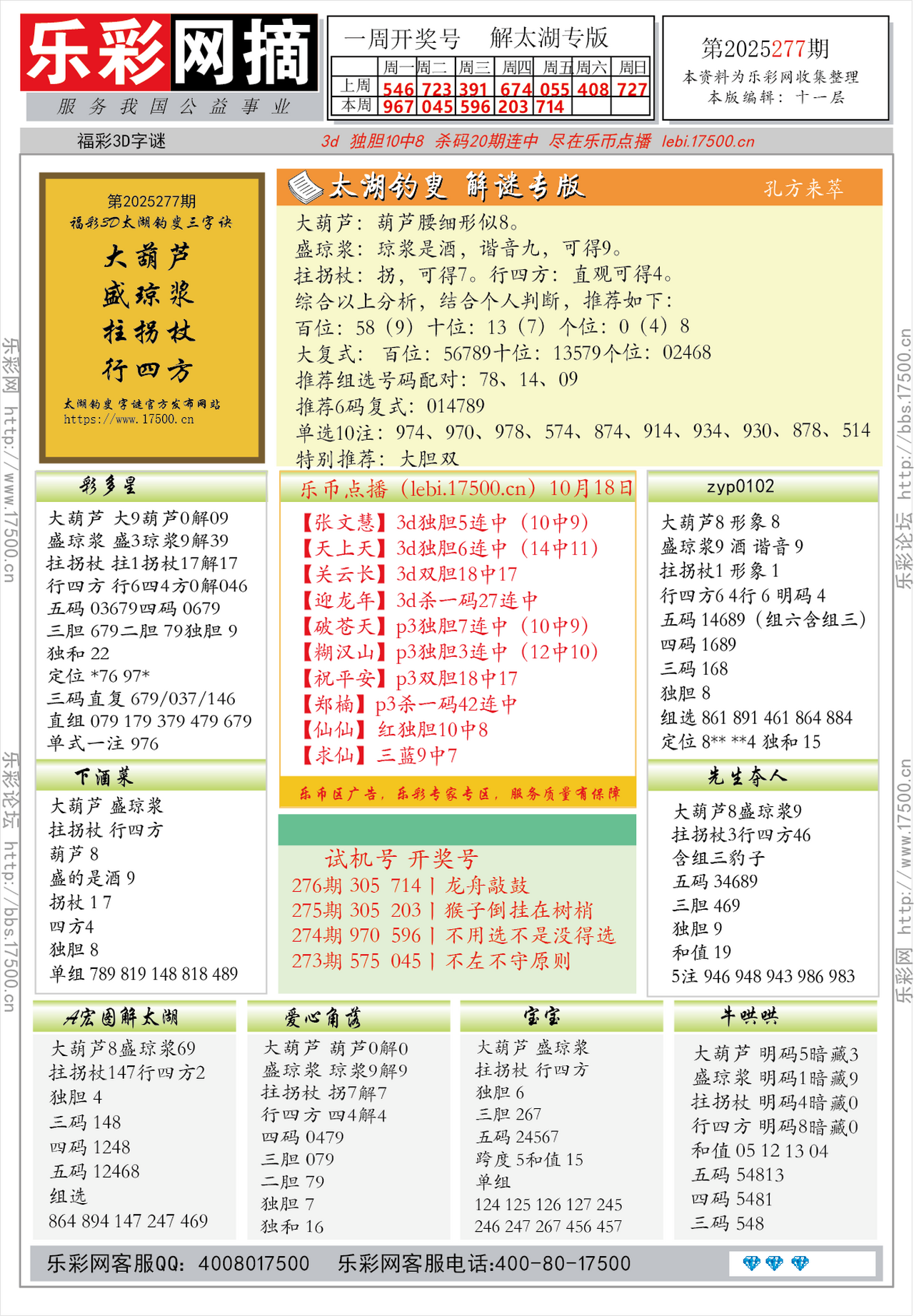 福彩3D第2025277期★字谜总汇★预测★解太湖