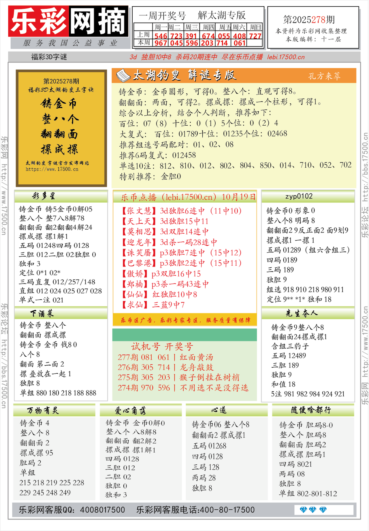 福彩3D第2025278期★字谜总汇★预测★解太湖